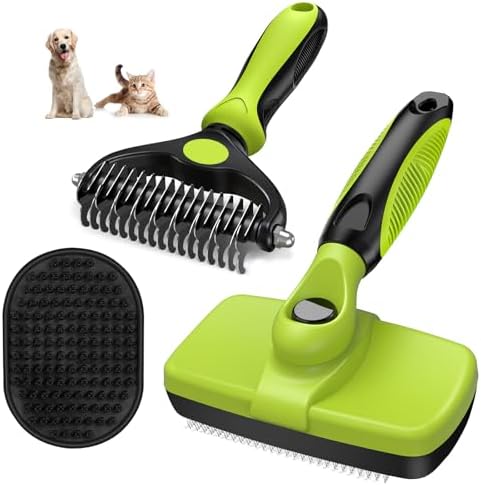 3PCS Self Cleaning Slicker Brush & Pet Grooming Rake & Bath Brush for Dogs,Cats and Horses | Double-Sided Dematting Comb & Skin Friendly Deshedding Grooming Tool | Premium Pet Supplies(Green Black)
