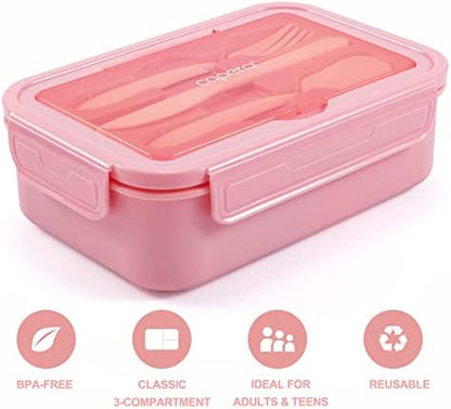 Caperci Classic Bento Box Adult Lunch Box for Older Kids - Leakpoof 47 oz 3-Compartment Lunch Containers for Adults and Teens, Built-in Utensil Set, Ideal for On-the-Go Balanced Eating, Pink