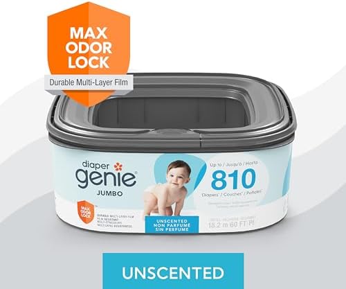 Diaper Genie Jumbo Square Refill, with Continuous Film, can Hold up to 810 Newborn-Sized Diapers per Refill.