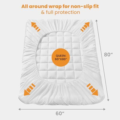 MATBEBY Queen Size Mattress Pad - Cooling Breathable Mattress Topper, Quilted Fitted Mattress Protector, Pillow Top Mattress Cover with 8-21" Deep Pocket, Soft, Machine Washable, White, 60x80 Inches