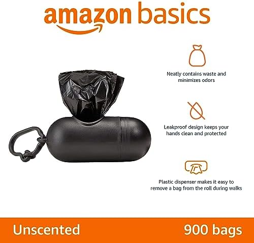 Amazon Basics Dog Poop Bags with Dispenser, 900 Count, Enhanced for Guaranteed Leakproof, Unscented, Includes Leash Clip