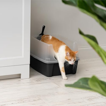 IRIS USA Large Open Top Cat Litter Box with High Sides, Scatter Shield & Scoop, Black - Easy Clean Plastic Litter Pan for Indoor Cats, Kittens or Multicat Homes