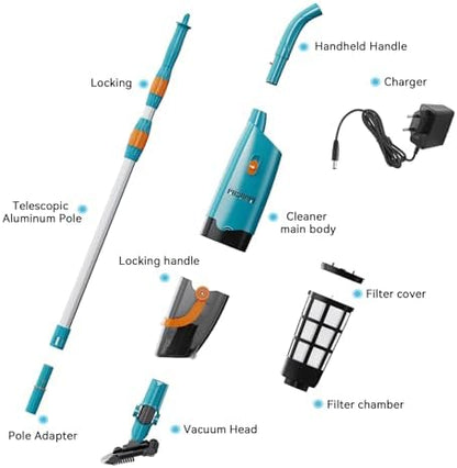LVKE L2 Cordless Handheld Pool Vacuum for Above Ground Pool with Telescopic Pole, Strong Suction Power, 1H Runtime, High-Efficiency Screen & Fine Sponge, Ideal for Deep Pool Cleaning, Blue