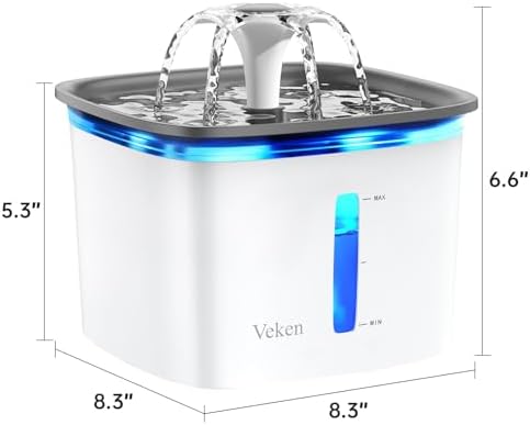 Veken Innovation Award Winner 95oz/2.8L Pet Fountain, Automatic Cat Water Fountain Dog Water Dispenser with Replacement Filters for Cats, Dogs, Multiple Pets (Grey, Plastic)