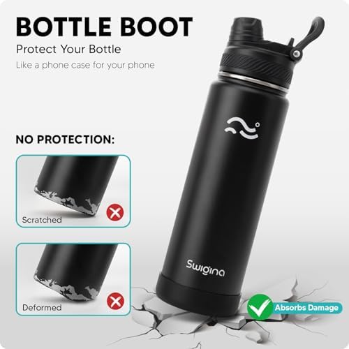 [2-IN-1 LID] Insulated Water Bottle with Silicone Boot (36hrs Cold/18hrs Hot) - DIY Stickers, Leakproof, BPA Free, Black, 24 oz