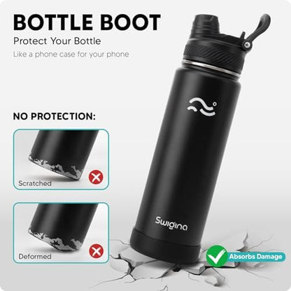[2-IN-1 LID] Insulated Water Bottle with Silicone Boot (36hrs Cold/18hrs Hot) - DIY Stickers, Leakproof, BPA Free, Black, 24 oz