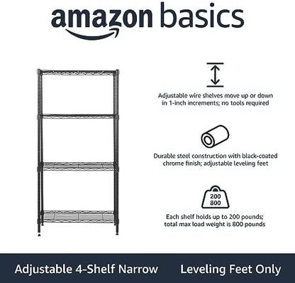 Amazon Basics 4-Shelf Steel Wire Storage Rack, Adjustable, Sturdy, Easy Assembly, 13.4 D x 23.2 W x 48 H in, Black