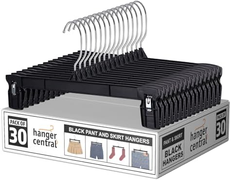 Hanger Central 30 Pack Pants Hangers – 12 Inch Slim Plastic Clothes Hangers with Clips for Skirts, Shorts & Trousers – Non Slip Grip, Heavy Duty Space Saver with Swivel Hook – Black Closet Organizer