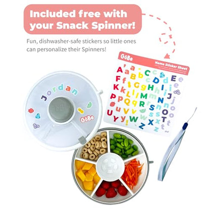 GoBe Kids Small Snack Spinner Flip Bundle with Hand Strap and Sticker Sheet - Reusable Snack Container with 5 Compartment Dispenser and Lid | BPA/PVC Free | Dishwasher Safe | No Spill- Macaron Blue