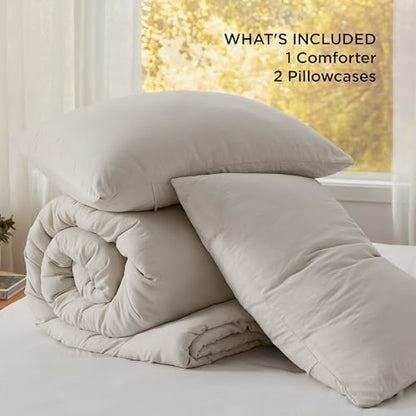 Bedsure Queen Size Comforter Set, Beige Soft Prewashed Bedding for All Seasons, 3 Pieces GentleSoft™ Warm Down Alternative Bed Set, 1 Lightweight Comforter (90"x90") and 2 Pillowcases (20"x26")
