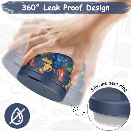12oz Insulated Vacuum Food Jar with Buckle Lid Wide Mouth Soup Thermo for Hot Food Kids Leakproof Stainless Steel Lunch Container (Blue-Dinosaur)