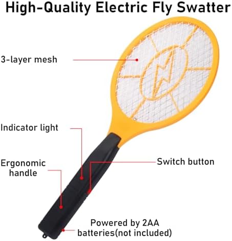 Electric Fly Swatter Handheld Bug Zapper - Indoor Outdoor Zapping Racket for Pest Mosquito & Flies - Battery Powered Safe to Touch with 3-Layer Safety Mesh, Standard Size, Pack of 2