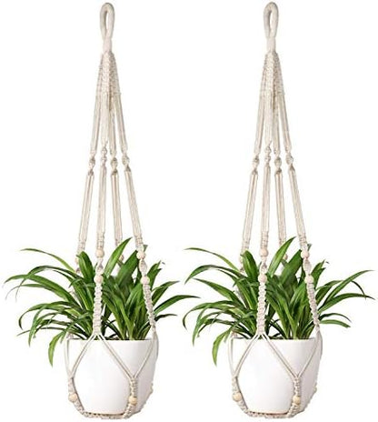 Mkono Macrame Plant Hanger Indoor Hanging Planter Basket with Wood Beads Decorative Flower Pot Holder No Tassels for Indoor Outdoor Boho Home Decor 35 Inch, Ivory, Set of 2 (POTS NOT Included)