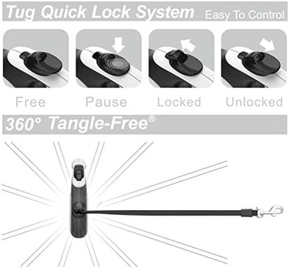 TUG 360° Tangle-Free Retractable Dog Leash | 16 ft Strong Nylon Tape | One-Handed Brake, Pause, Lock (Medium, White)