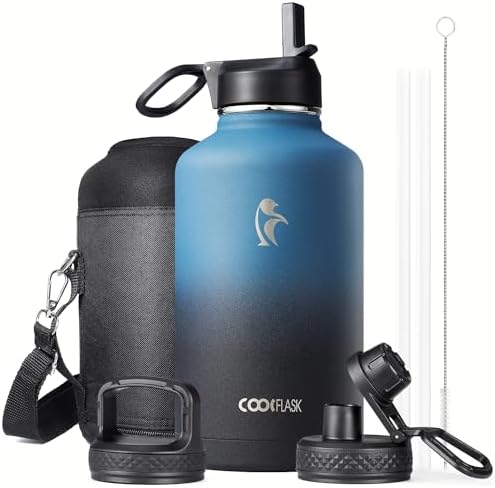 Half Gallon Water Bottle Insulated with Straw & 3 Lids, Coolflask 64 oz Water Jug Large Metal Stainless Steel Wide Mouth for Sports, Gym or Office, Non-BPA Keep Cold 48H Hot 24H, Samurai Cyan