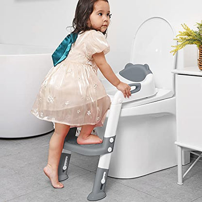 Potty Training Seat with Step Stool Ladder, SKYROKU Potty Training Toilet for Kids Boys Girls Toddlers - Comfortable Safe Potty Seat with Anti-Slip Pads Ladder Grey