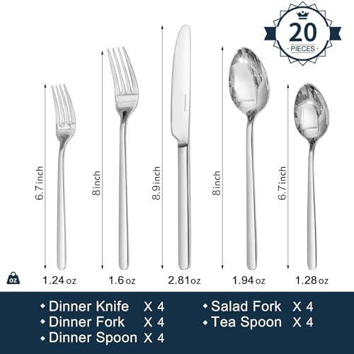 KINGSTONE Silverware Set, 20 Piece Flatware Cutlery Set for 4, 18/10 Stainless Steel Silverware Mirror Polished Dishwasher Safe for Home, Restaurant, Wedding, Party(Silver, 20 pieces for 4)
