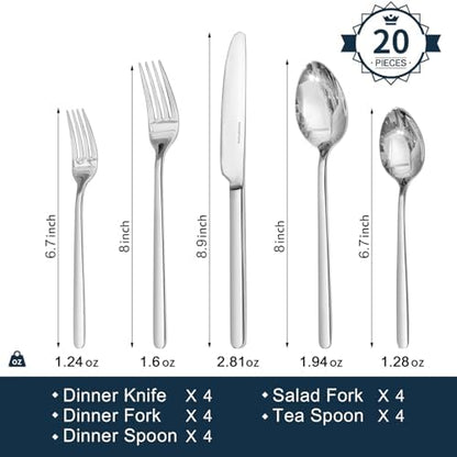 KINGSTONE Silverware Set, 20 Piece Flatware Cutlery Set for 4, 18/10 Stainless Steel Silverware Mirror Polished Dishwasher Safe for Home, Restaurant, Wedding, Party(Silver, 20 pieces for 4)
