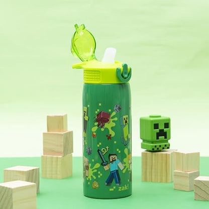 Zak Designs Minecraft Sage Kids Water Bottle For School or Travel, 19oz Stainless Steel Water Bottle With Straw, Handle, and Leak-Proof, Pop-Up Spout Cover (Steve, Alex, Mobs)