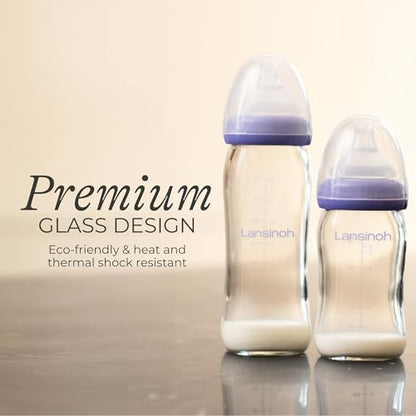 Lansinoh Anti-Colic Glass Baby Bottles, 5 Ounces, 4 Count Bottles for Feeding, Baby Essentials, Includes 4 Slow Flow Nipples, Size S