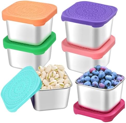 6Pack 6oz Stainless Steel Snack Containers for Kids, Easy Open Leak Proof Metal Toddler Snack Containers with Silicone Lids, Stackable Metal Toddler Lunch Box for Daycare, School and Travel