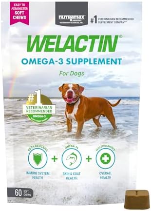 Nutramax Welactin Omega 3 Fish Oil for Dogs, Skin and Coat Health Supplement, Plus Immune and Overall Health, Premium Omega 3 Fatty Acids, Multivitamin For Dogs, Soft Chews, 60 Count