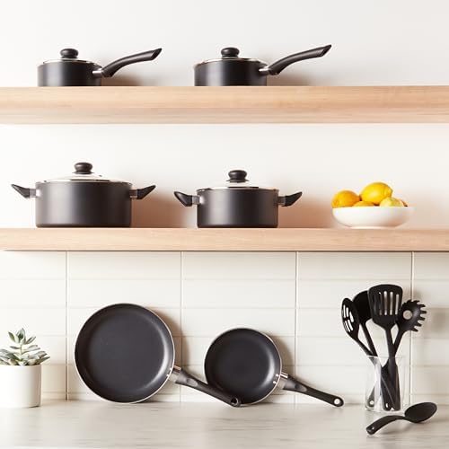 Amazon Basics Non Stick Kitchen Cookware 15-Piece Set, Non-Induction, Includes Pots, Pans, and Utensils, Black
