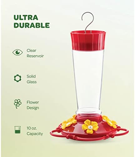 Hummingbird Feeder 10 oz [Set of 2] Plastic Feeders for Outdoors, with Built-in Ant Guard - Circular Perch with 5 Feeding Ports - Wide Mouth for Easy Filling/2 Part Base for Easy Cleaning