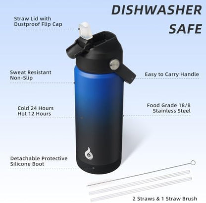 BJPKPK Insulated Water Bottle with Straw Lid, 18oz Thermos Water Bottles, Flex Handle & Non-slip Boot, BPA Free Leak Proof Stainless Steel Metal Thermos, Tumblers, Cups,Black Blue