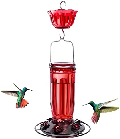 Kingsyard Glass Hummingbird Feeder for Outdoors Wild Bird Feeder with 6 Feeding Ports Hanging for Garden Yard, Red (Ant Moat Included)