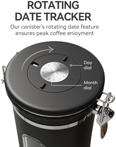 Veken Coffee Canister with Window,Airtight Stainless Steel Container,Home Kitchen Food Storage Organizers for Grounds,Beans,Espresso,Rice,Tea,Sugar,Flour, Cereal,Scoop,Bar Accessories,Gifts,22OZ,Black