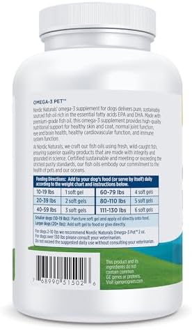 Nordic Naturals Omega-3 Pet, Unflavored - 180 Soft Gels - 320 mg Omega-3 Per Soft Gel - Fish Oil for Dogs with EPA & DHA - Promotes Heart, Skin, Coat, & Immune Health