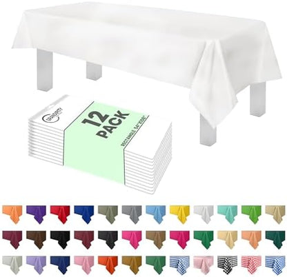 Grandipity 12 Pack Premium Disposable Plastic Tablecloth 54 Inch. x 108 Inch. with 0.3mm Thickness Table Cover - White