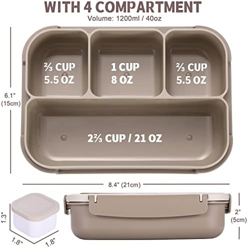 Bento Box Adult Lunch Box, Containers for Adults Men Women with 4 Compartments, Lunchable Food Container with Utensils, Sauce Jar, Muffin Liners, 40 Oz/5 Cup, Microwave & Dishwasher Safe, Brown