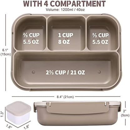 Bento Box Adult Lunch Box, Containers for Adults Men Women with 4 Compartments, Lunchable Food Container with Utensils, Sauce Jar, Muffin Liners, 40 Oz/5 Cup, Microwave & Dishwasher Safe, Brown