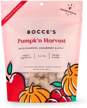 Bocce's Bakery All-Natural, Small Batch, Organic Dog Treats, Pumpk'n Harvest Biscuits, Wheat-Free, Limited-Ingredient, Made in The USA with 100% Recyclable Packaging, 12 oz Bag