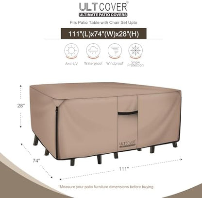 ULTCOVER Rectangular Patio Heavy Duty Table Cover - 600D Tough Canvas Waterproof Outdoor Dining Table and Chairs General Purpose Furniture Cover Size 111L x 74W x 28H inch