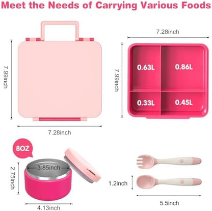 Bento Lunch Box with 8oz Soup Thermo, Kids Leakproof Lunch Food Containers with 4 Compartment, Kids Thermo Insulated Hot Food Jar for School, Trvael - (Pink)