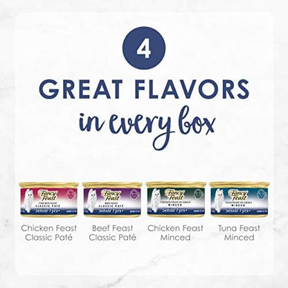 Purina Fancy Feast High Protein Senior Wet Cat Food Variety Pack, Senior 7+ Chicken, Beef & Tuna Feasts - (2 Packs of 12) 3 oz. Cans