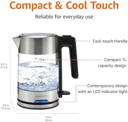 Amazon Basics Electric Kettle with Glass Carafe for Tea and Coffee, BPA-Free, Fast Boiling, Auto Shut-Off, 1 liter , 1500W, Glass and Steel
