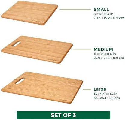 Bamboo Cutting Boards for Kitchen [Set of 3] Wood Cutting Board for Chopping Meat, Vegetables, Fruits, Cheese, Knife Friendly Serving Tray with Handles