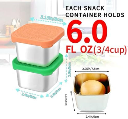 6Pack 6oz Stainless Steel Snack Containers for Kids, Easy Open Leak Proof Metal Toddler Snack Containers with Silicone Lids, Stackable Metal Toddler Lunch Box for Daycare, School and Travel