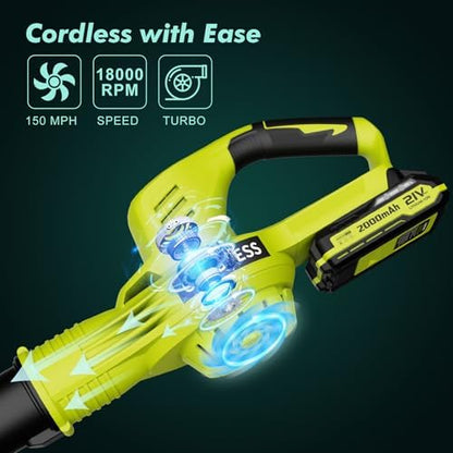 Leaf Blower Cordless - 21V Powerful Electric Leaf Blower with 2 Batteries and Charger, 2 Speed Modes, 2.0Ah Lightweight Battery Powered Leaf Blowers for Lawn Care, Patio, Dust, Blowing Leaves