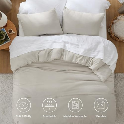 Bedsure Queen Size Comforter Set, Beige Soft Prewashed Bedding for All Seasons, 3 Pieces GentleSoft™ Warm Down Alternative Bed Set, 1 Lightweight Comforter (90"x90") and 2 Pillowcases (20"x26")