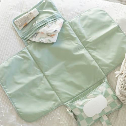 Tiny Twinkle Portable Diaper Changing Pad-Foldable Waterproof Changing Mat&Portable Changing Pad for Travel,Baby Changing Station with Smart Wipes Pocket&Storage (Sage Checkers)