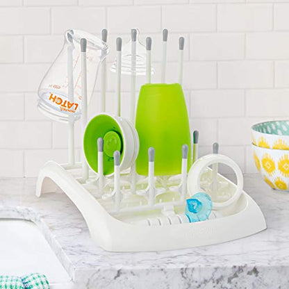 Munchkin Fold Baby Bottle Drying Rack and Bristle Bottle Brush Cleaning Essentials Set, White/Grey