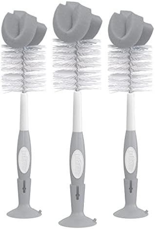 Dr. Brown's Reusable Sponge Baby Bottle Cleaning Brush Set with Suction Cup Stand, Scrubber and Nipple Cleaner, Gray, 3 Pack
