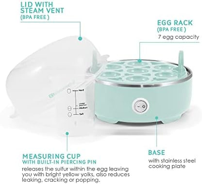 Elite Gourmet EGC115M Easy Egg Cooker Electric 7-Egg Capacity, Soft, Medium, Hard-Boiled Egg Cooker with Auto Shut-Off, Measuring Cup Included, BPA Free, Retro Mint