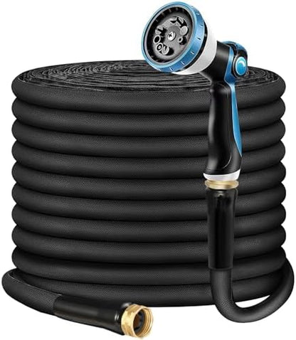 Non-Expandable Garden Hose 100feet, Flexible Water Hose with 10 Function Hose Nozzle, Lightweight, Tangle Free, Rust Proof for Yard (Black)
