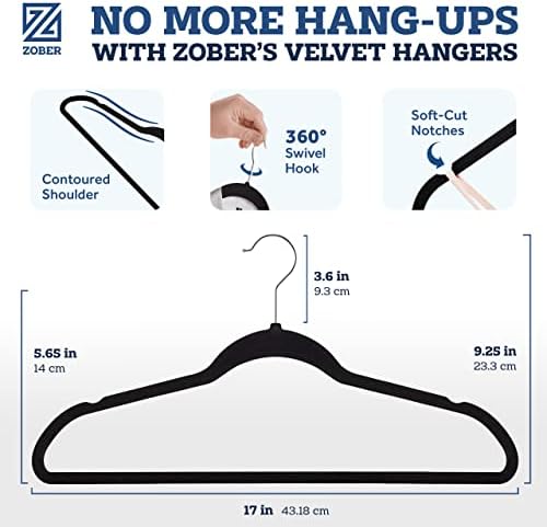 Zober Velvet Hangers 50 Pack - Black for Coats, Pants & Dress Clothes - Non Slip w/ 360 Degree Swivel, Holds up to 10 lbs - Strong Felt Hangers for Clothing